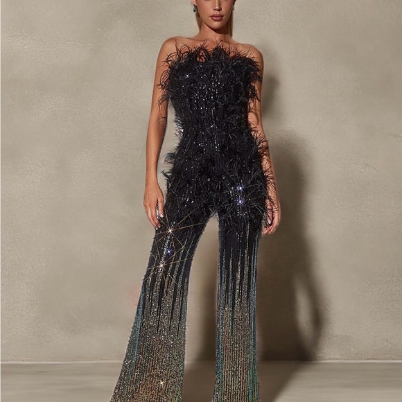 Mew Mews Pants - Strapless Black Feather & Sequin Jumpsuit